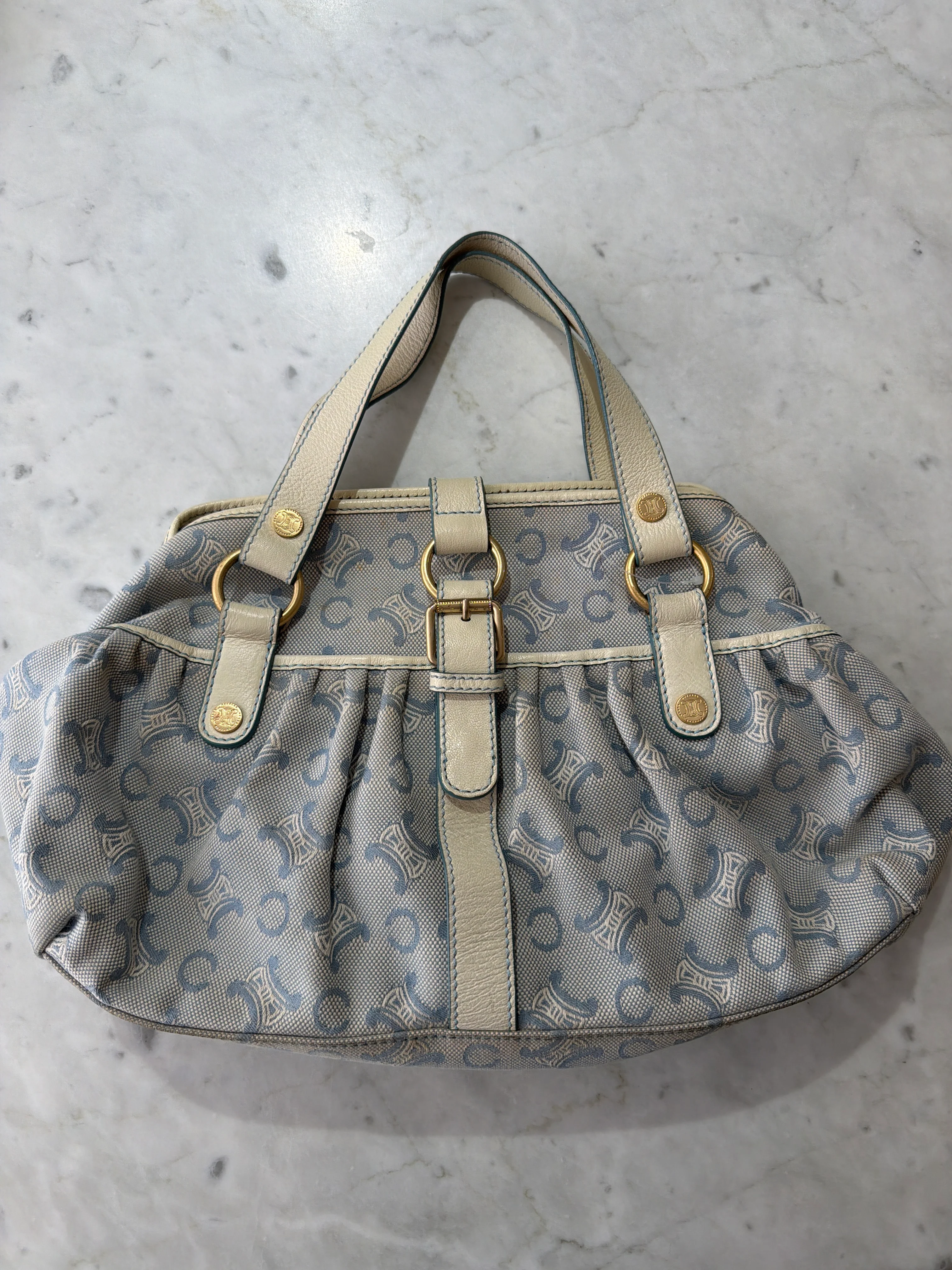 Celine | Blue Buckle Bag with Gold Hardware and White Leather Trim (Good Condition)