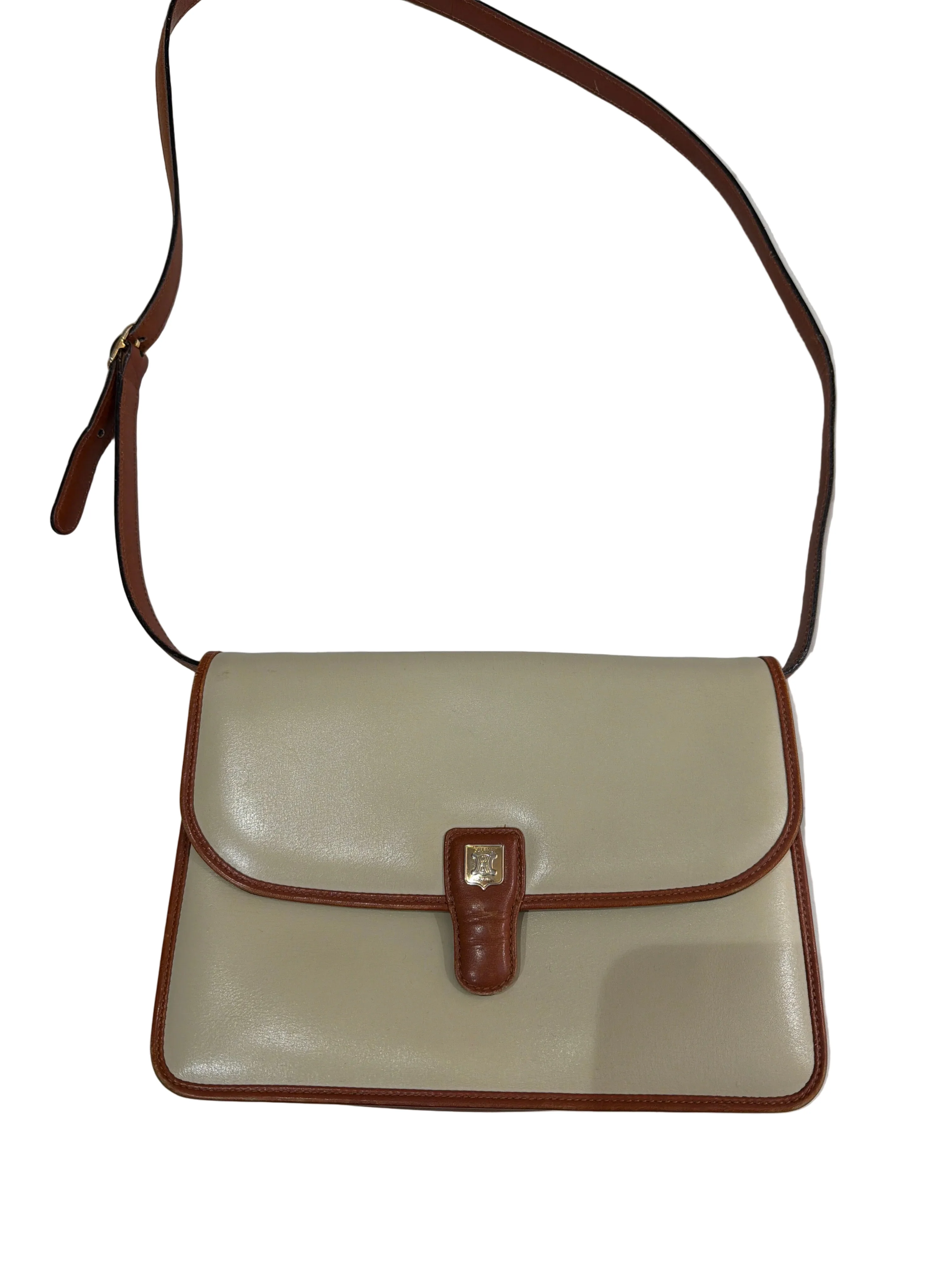 Celine | Cream Shoulder Bag with Brown Leather Trim (Good Condition) - Cons