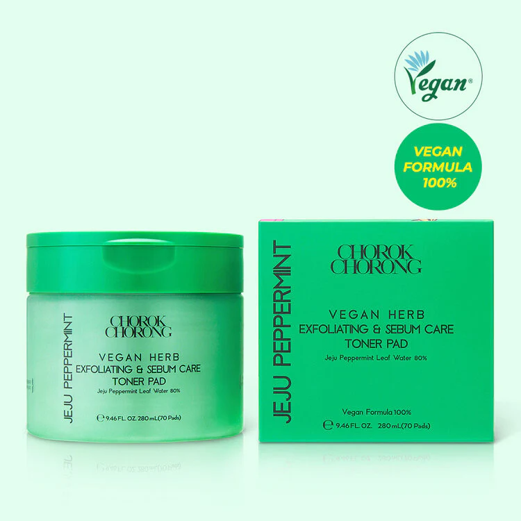 CHOROK CHORONG VEGAN HERB EXFOLIATING & SEBUM CARE JEJU PEPPERMINT TONER PAD (280ml+70pads) - Image 2