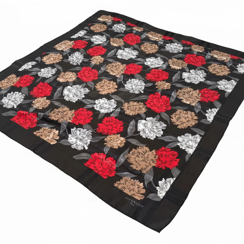 Givenchy | Black Silk Scarf with Red Floral Print (Good Condition) - Cons