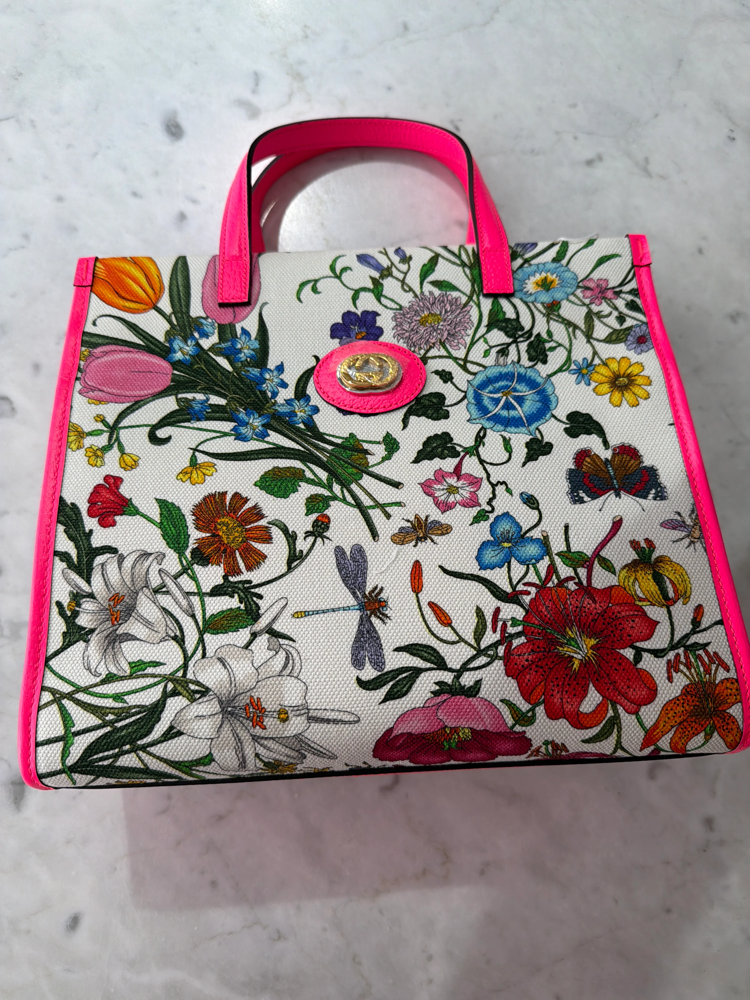 Gucci | Floral Tote Bag with Pink Neon Trim (Pristine Condition)