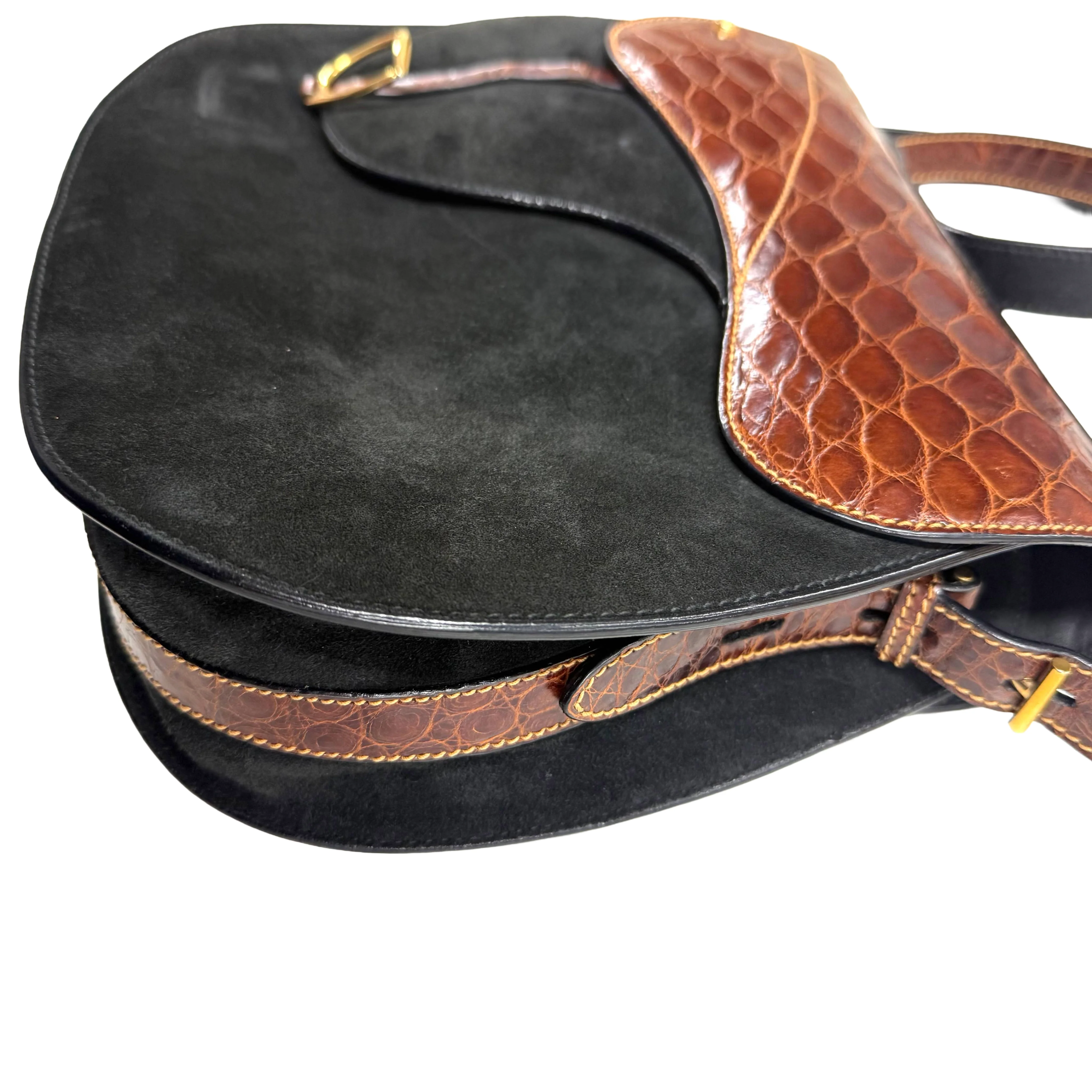 Gucci | Vintage Black Leather & Crocodile Saddle Shoulder Bag (Good Condition) - Image 3