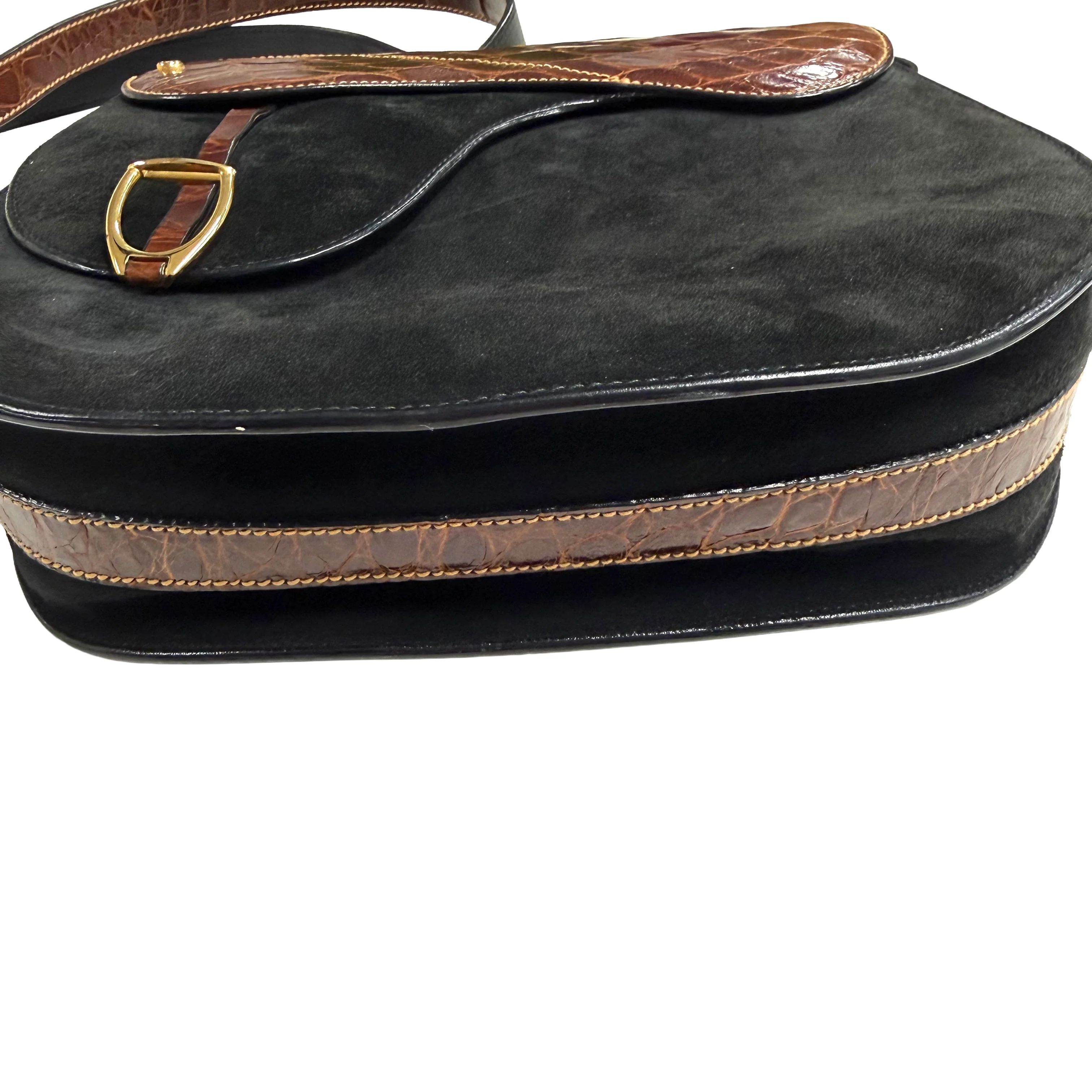 Gucci | Vintage Black Leather & Crocodile Saddle Shoulder Bag (Good Condition) - Image 5