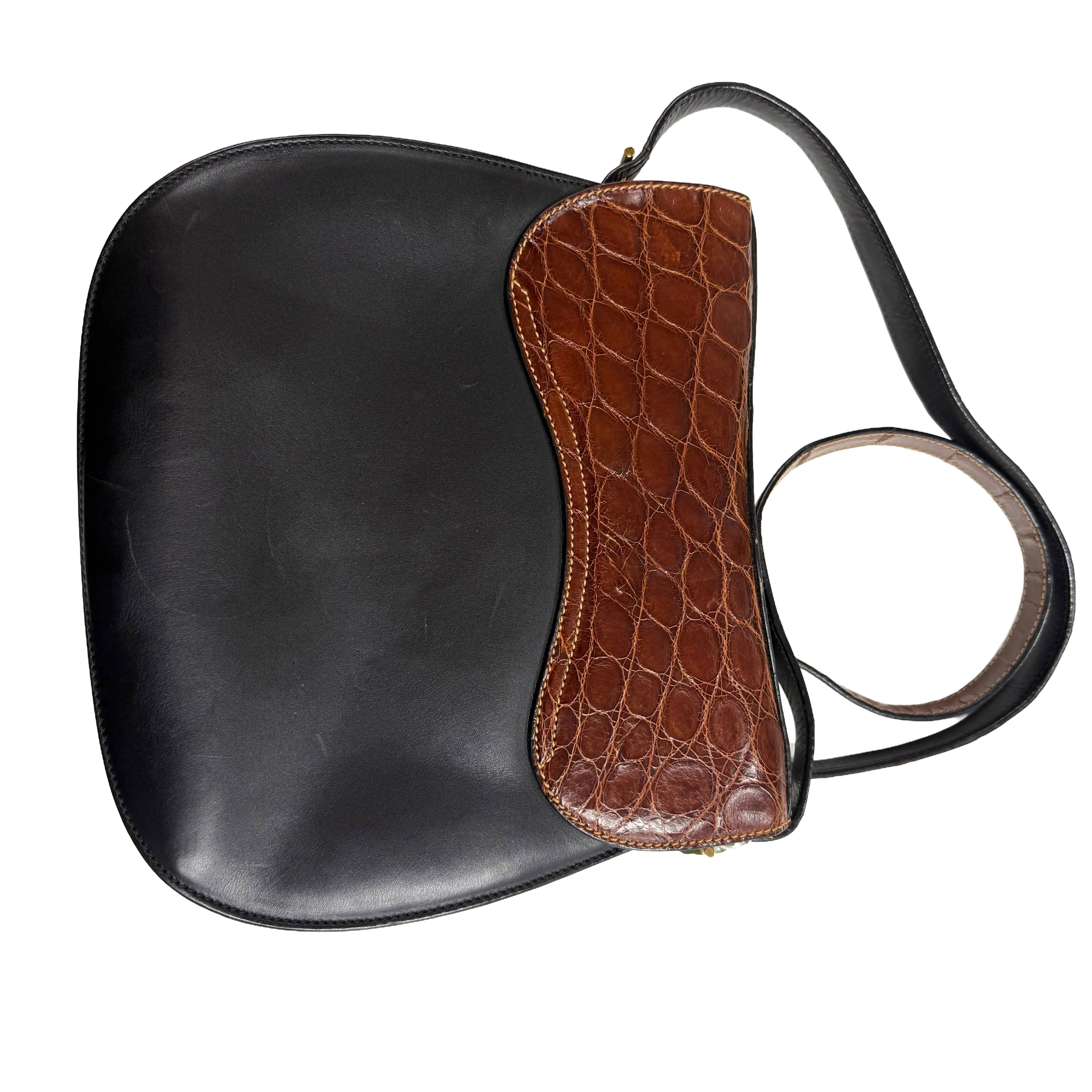 Gucci | Vintage Black Leather & Crocodile Saddle Shoulder Bag (Good Condition) - Image 6