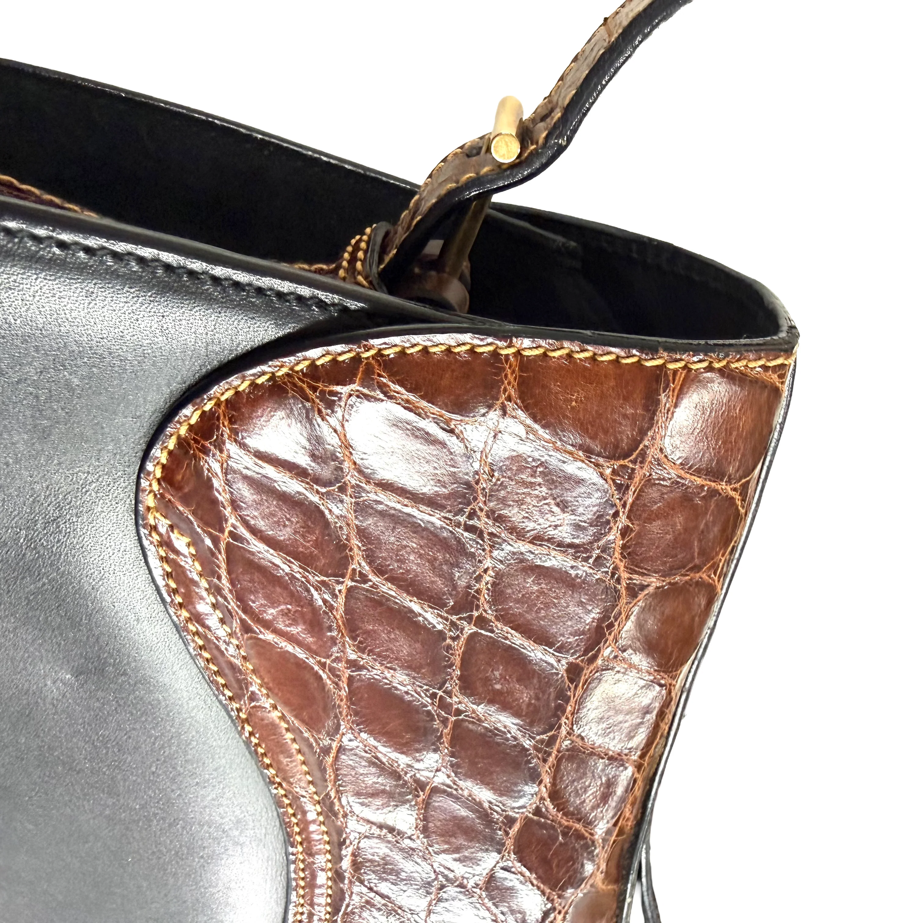 Gucci | Vintage Black Leather & Crocodile Saddle Shoulder Bag (Good Condition) - Image 7