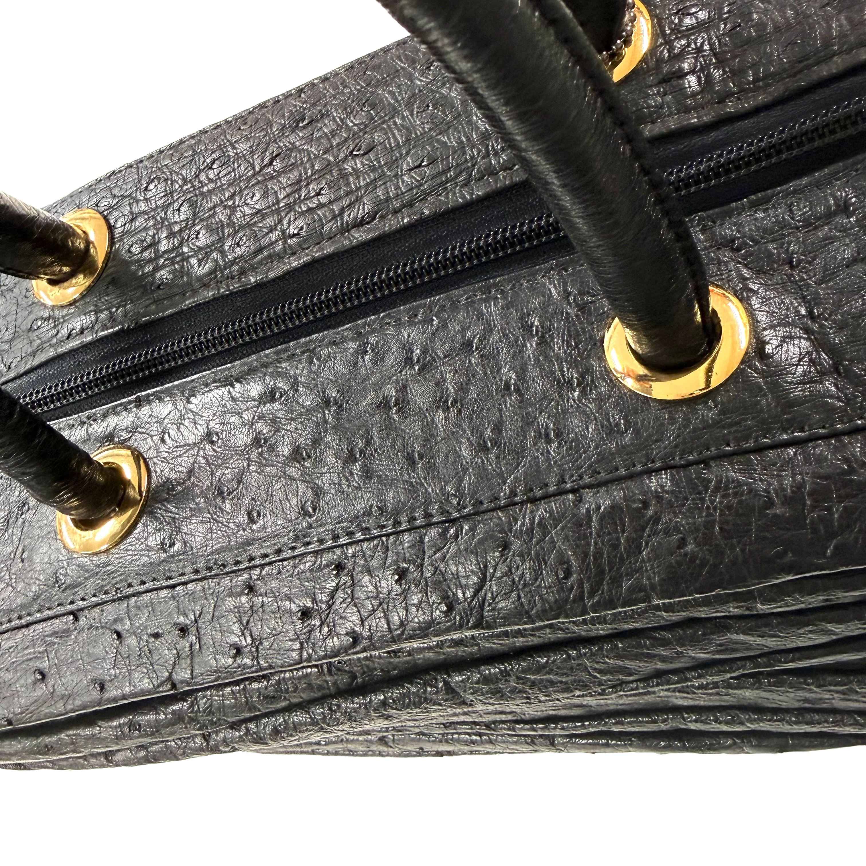 JRA Certified | Vintage Black Ostrich Leather Gathered Tote (Pristine Condition) - Image 6