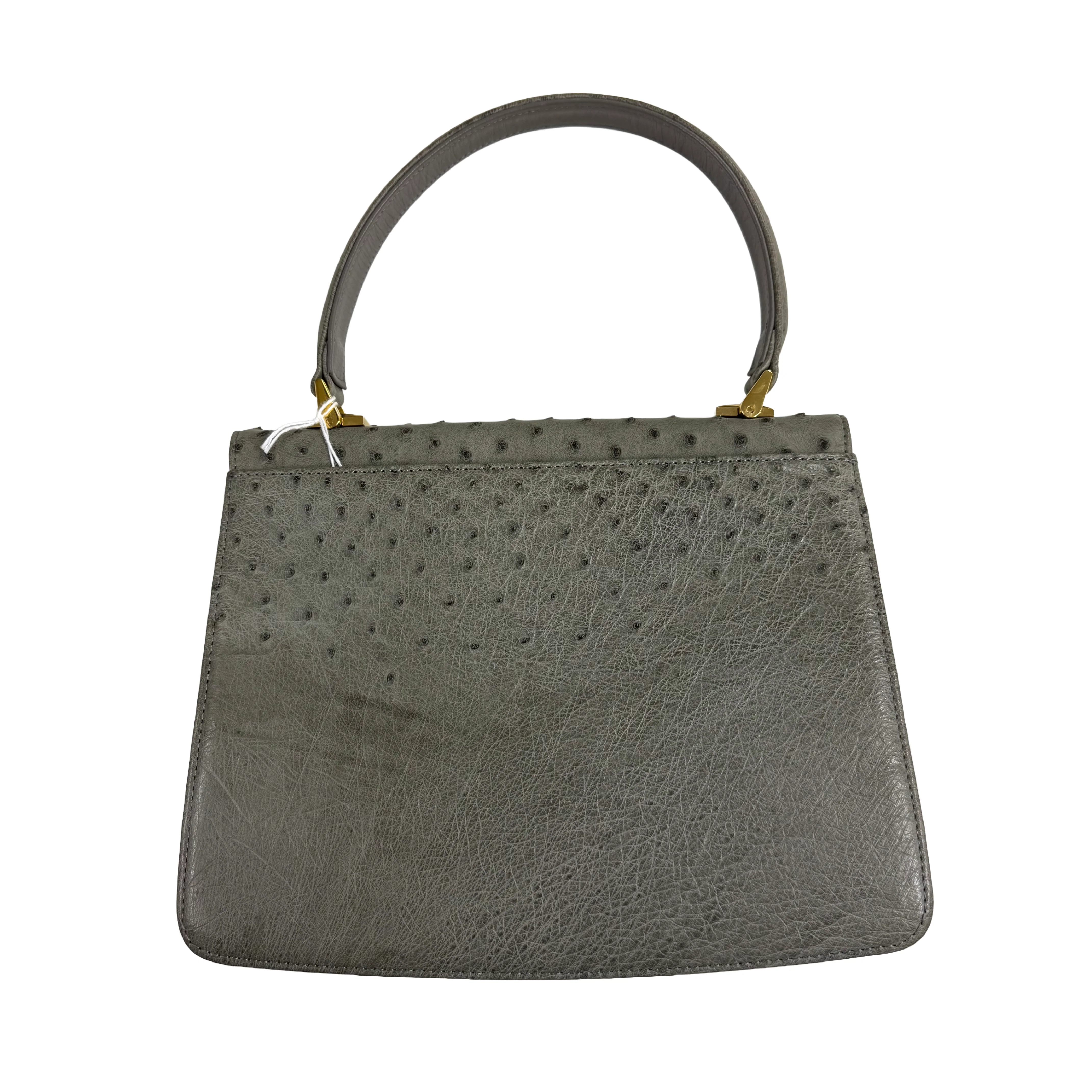 JRA | Ostrich Leather Top Handle Bag – Grey & Gold Hardware (Good Condition) - Image 2