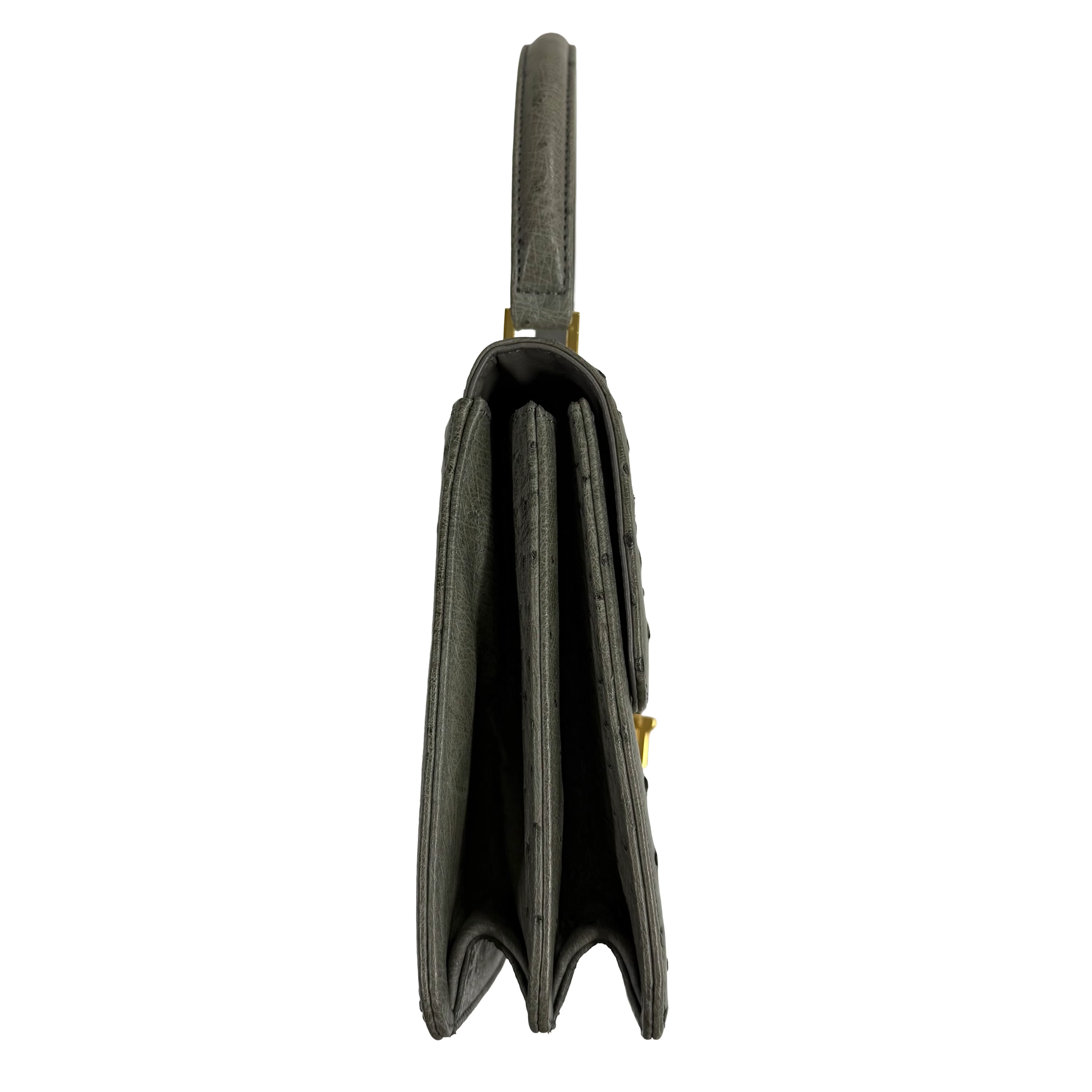 JRA | Ostrich Leather Top Handle Bag – Grey & Gold Hardware (Good Condition) - Image 3