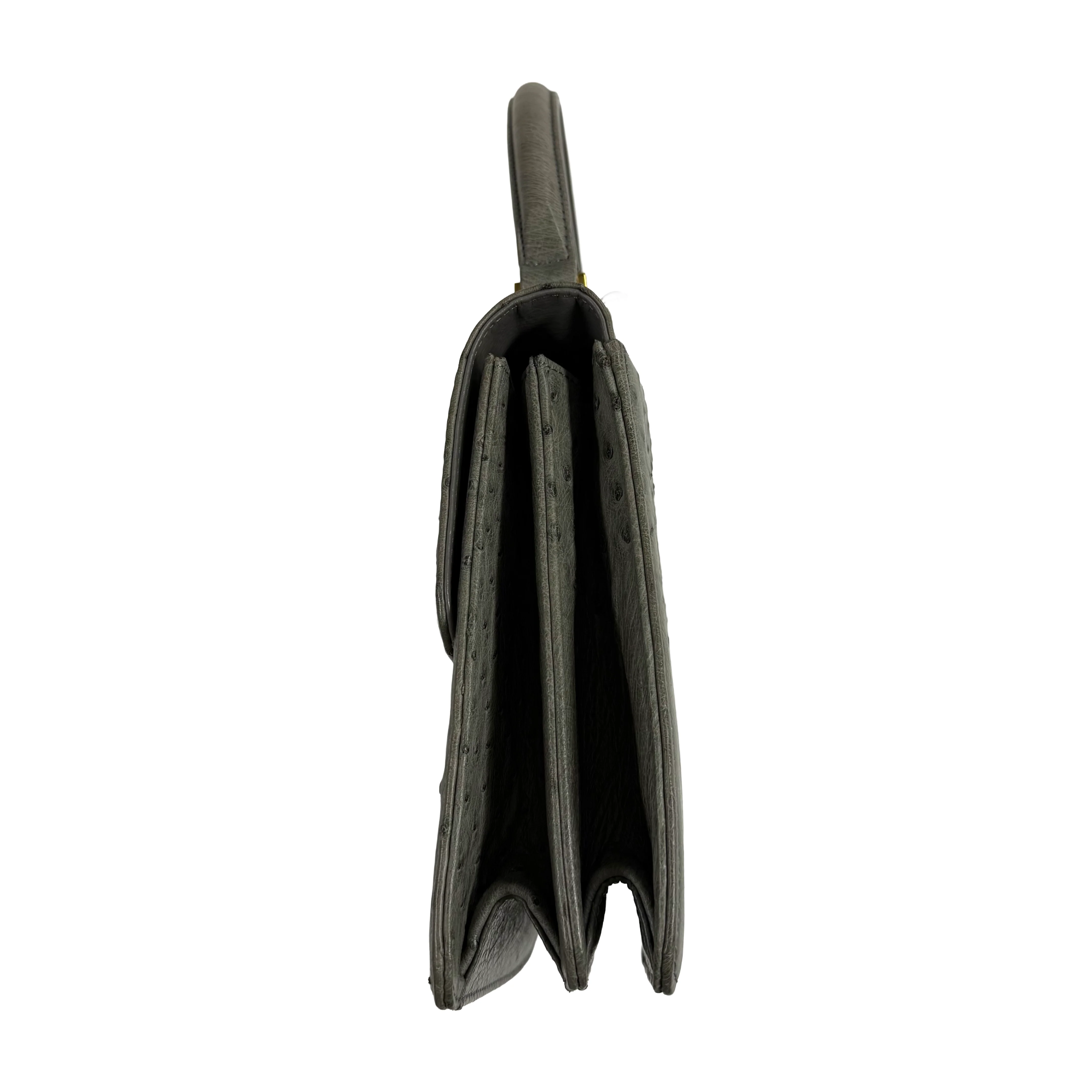 JRA | Ostrich Leather Top Handle Bag – Grey & Gold Hardware (Good Condition) - Image 4