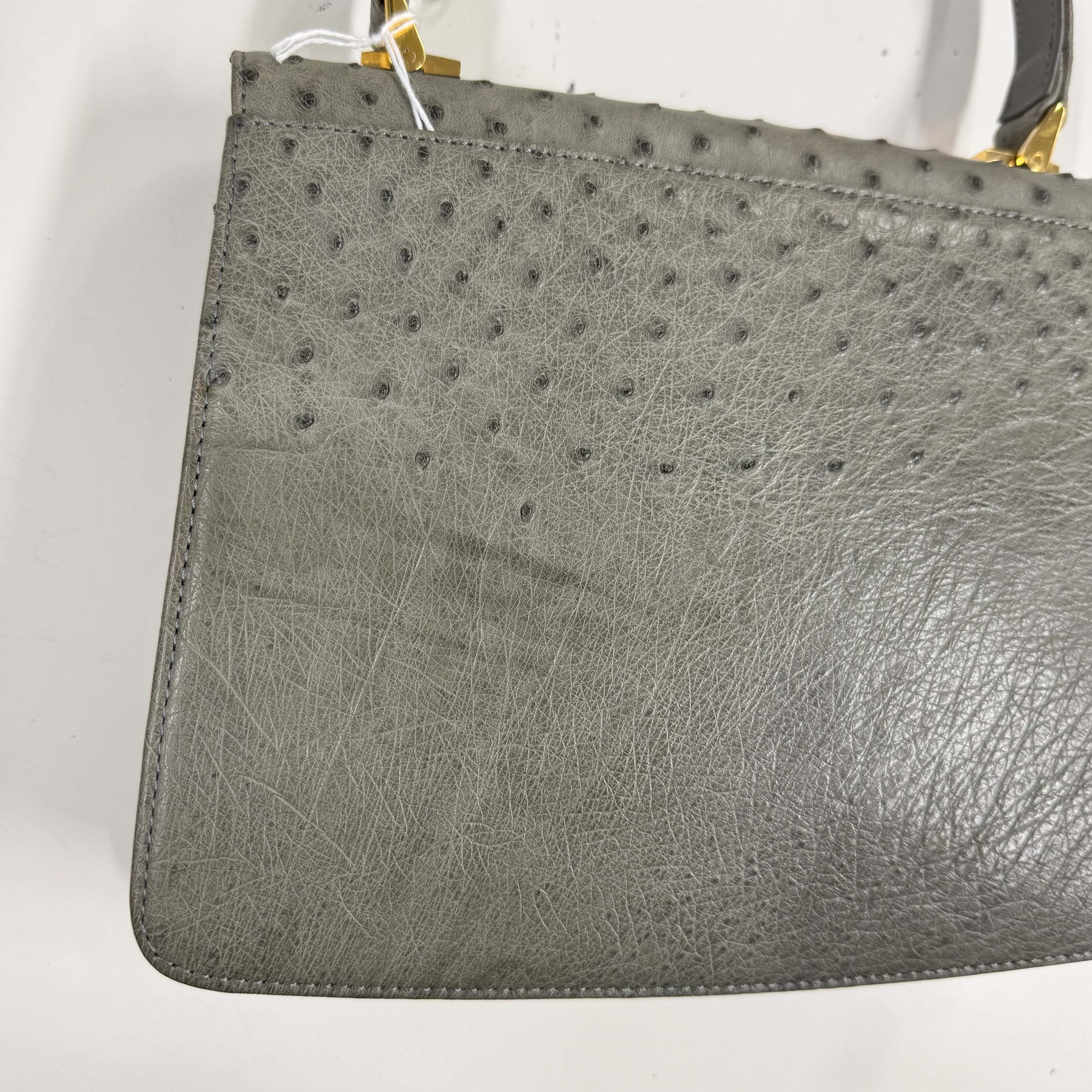 JRA | Ostrich Leather Top Handle Bag – Grey & Gold Hardware (Good Condition) - Image 8