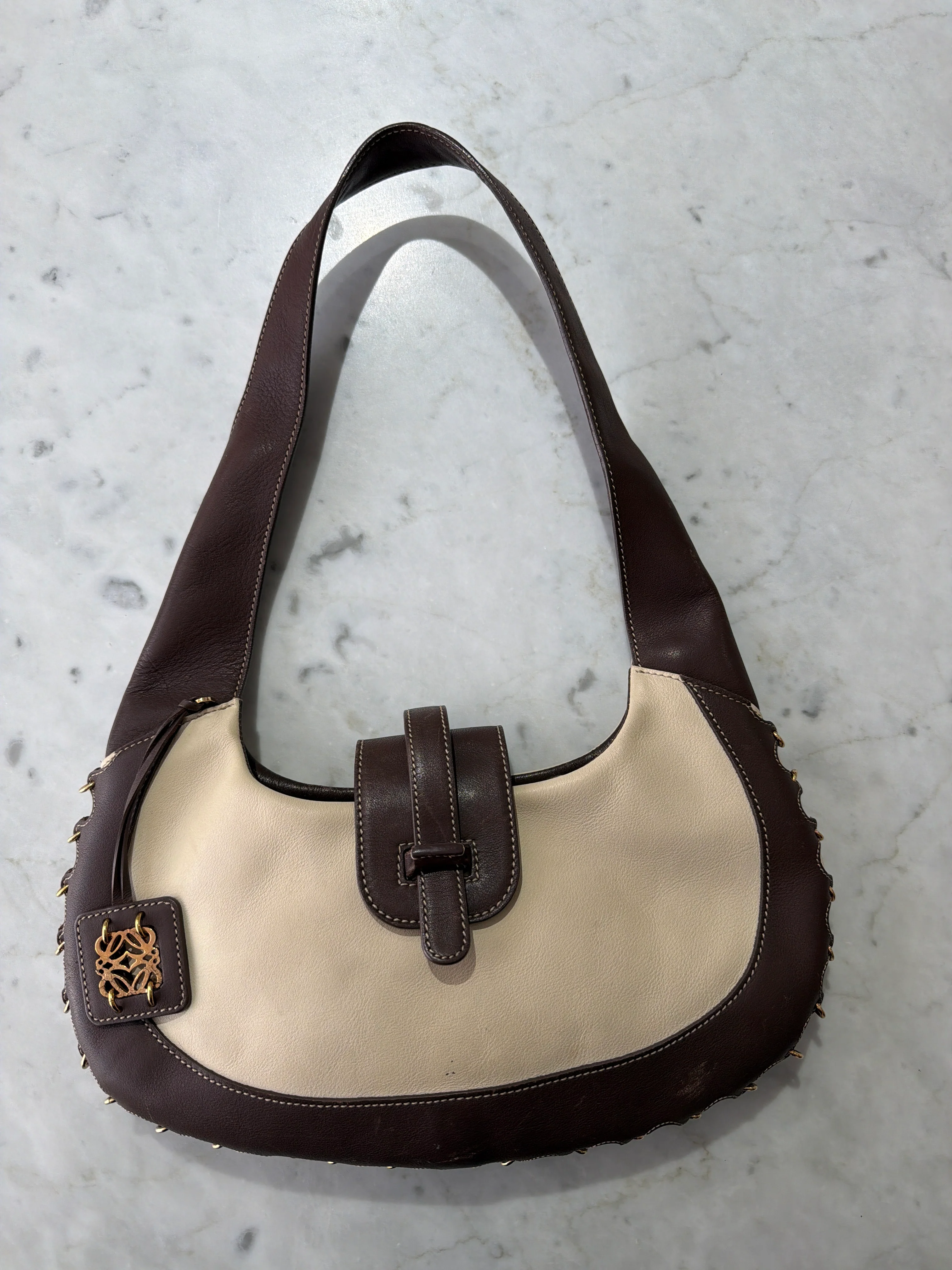 Loewe | Cream and Brown Shoulder Bag with Gold Logo Charm (Good Condition)