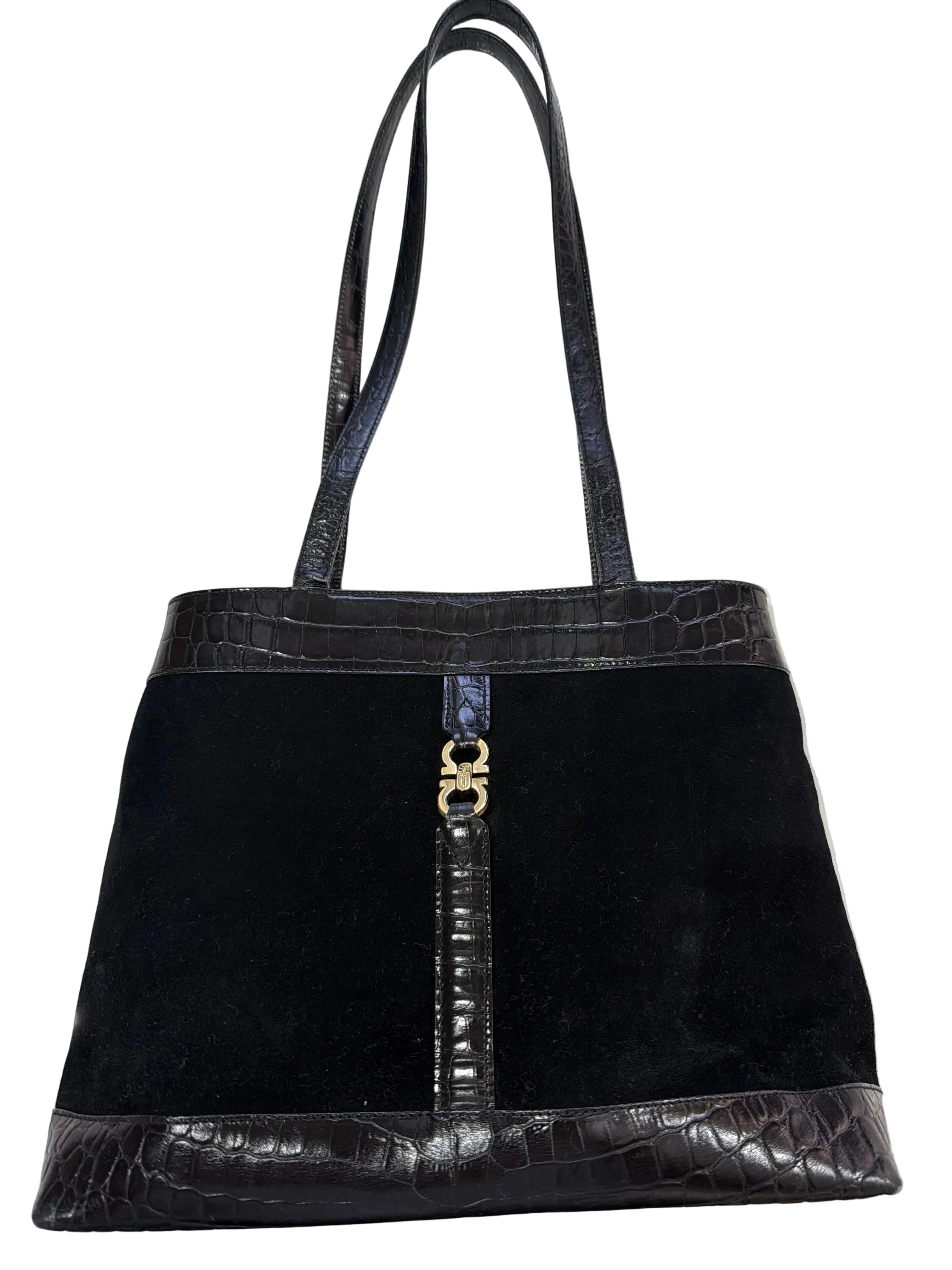 Salvatore Ferragamo | Black Croc and Suede Shoulder Bag (Good Condition) - Cons