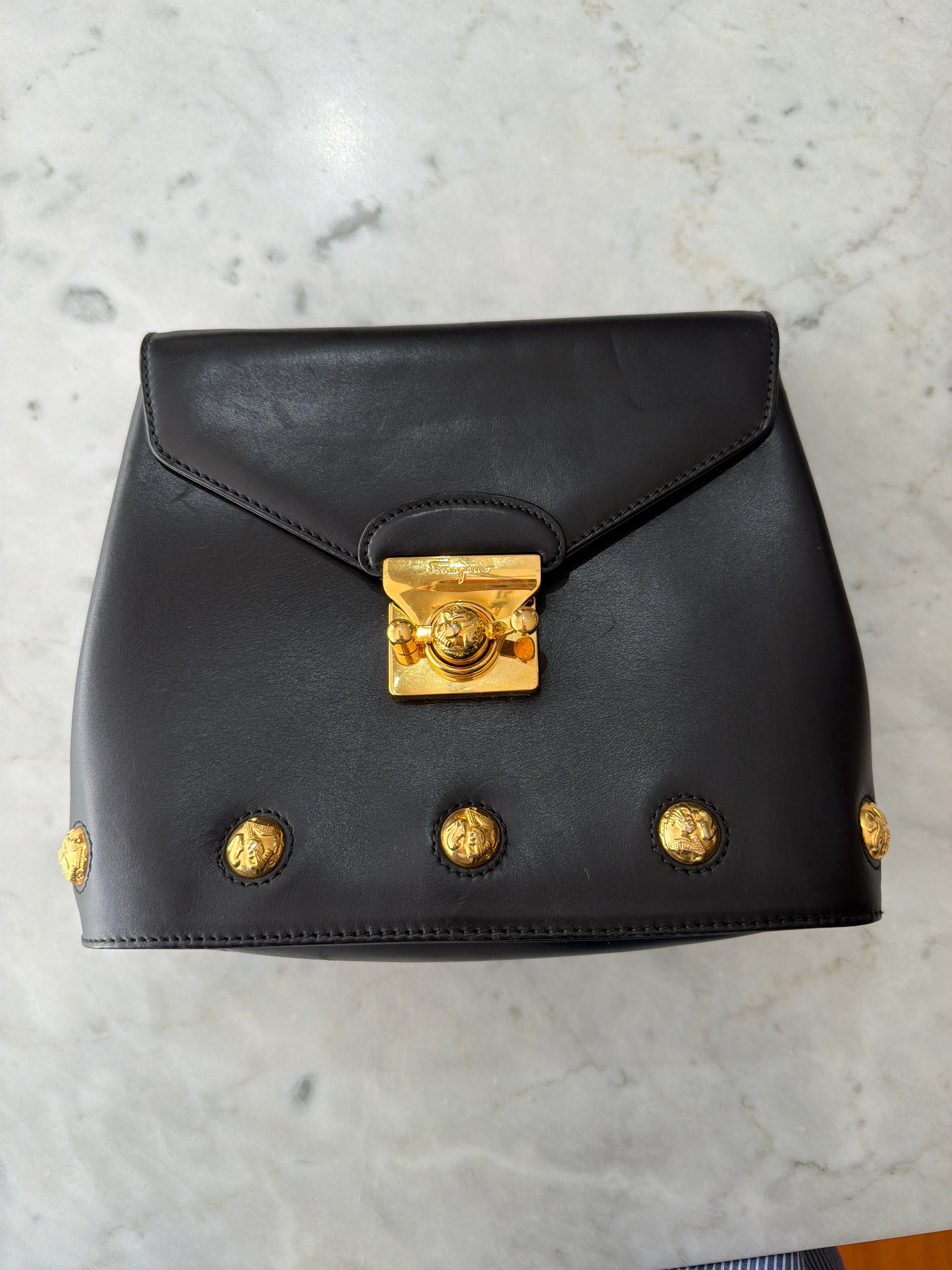 Salvatore Ferragamo | Black Leather and Gold Stud Bag with Adjustable Strap (Good Condition)