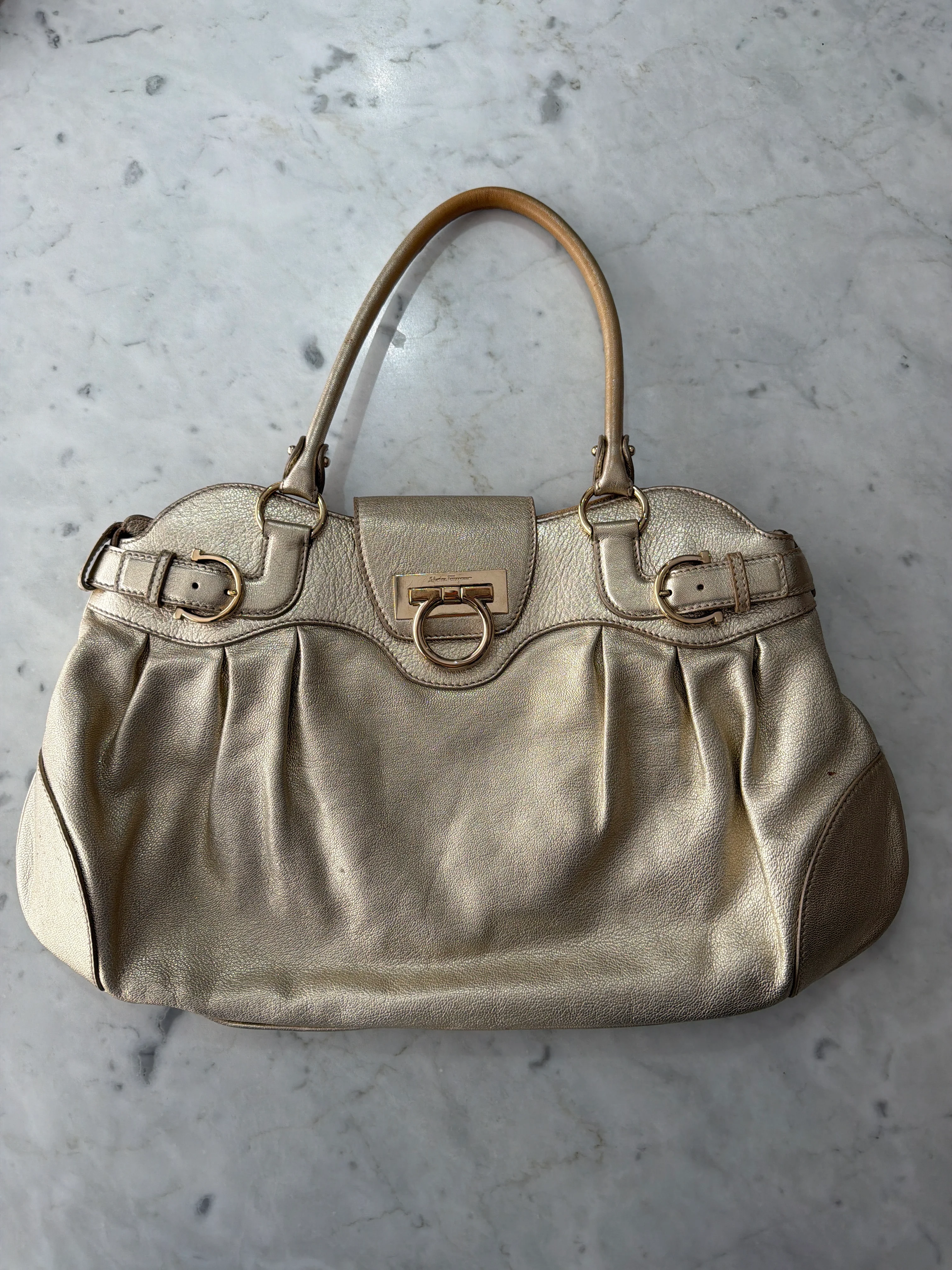 Salvatore Ferragamo | Metallic Gold Leather Handbag with Ring Detail Hardware (Good Condition)