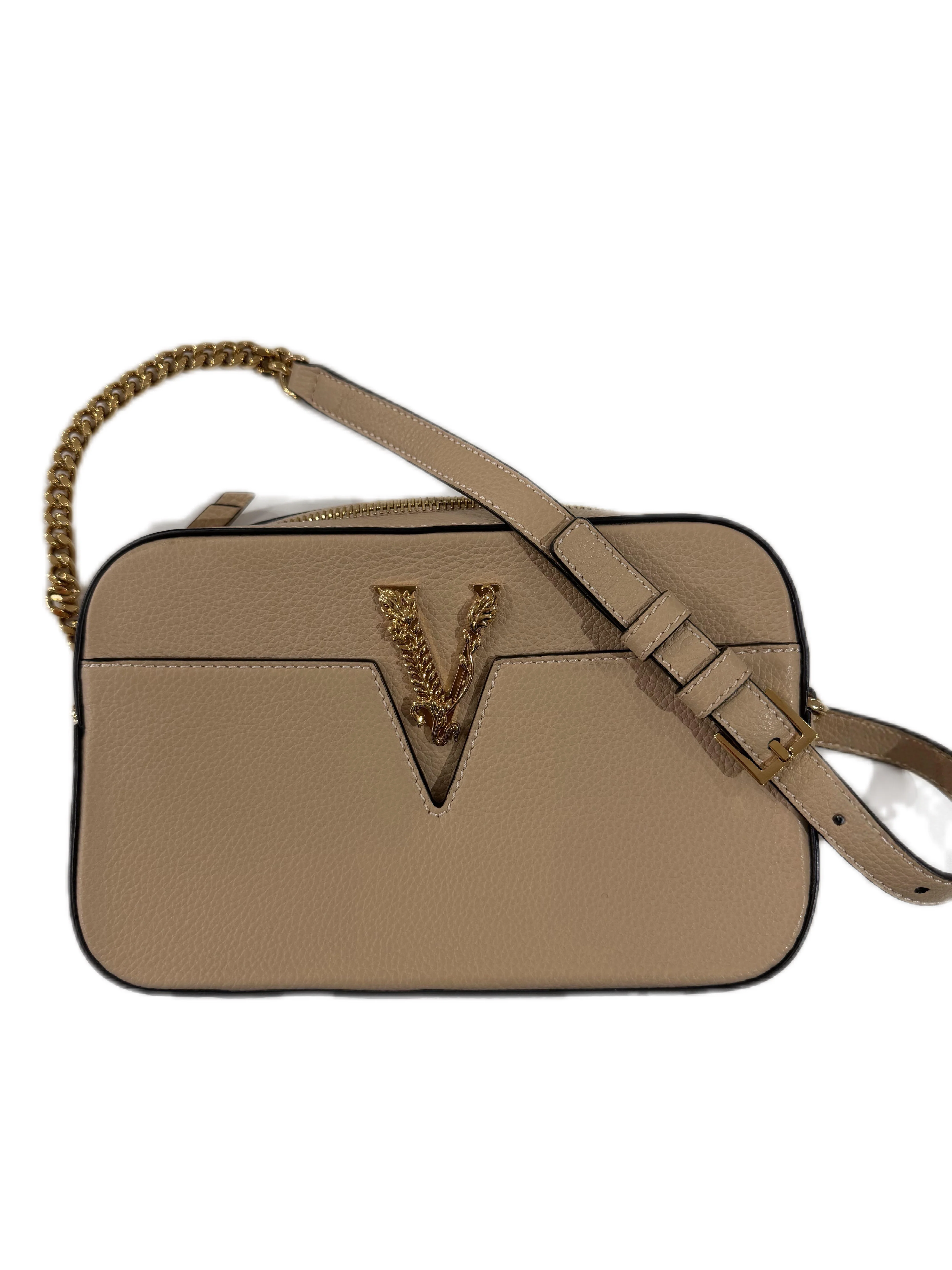 Versace | Pink Camera Bag with Gold V Logo (Pristine Condition) - Cons