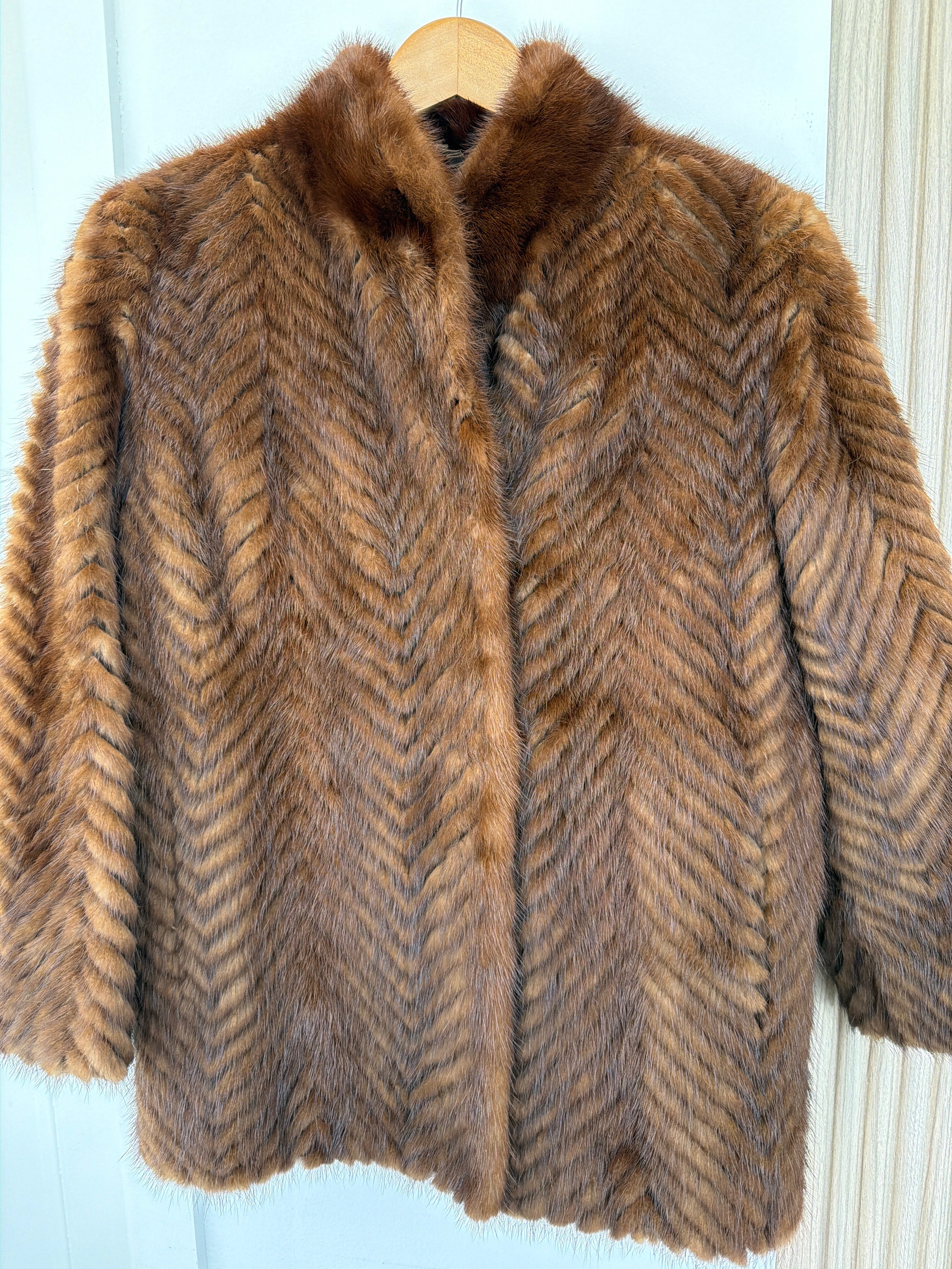 Vintage Fur Coat | Mink Collarless Chevron Fur Coat in Brown